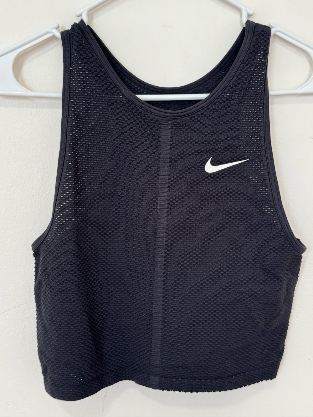 Nike Black Mesh Racerback Crop Tank with White Swoosh